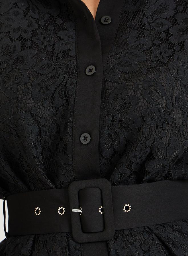 ستايلي طقم منسق من تنورة بكسرات وقميص دانتيل بحزام - Image 2